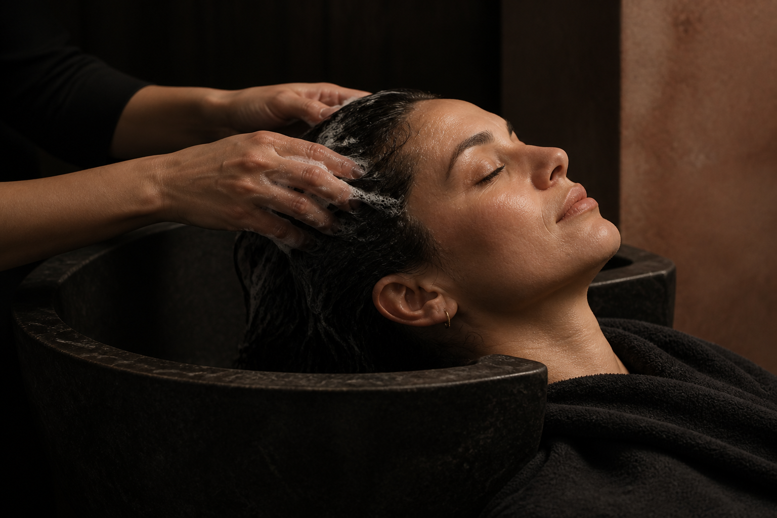 A woman receiving a restorative head spa treatment at MKG